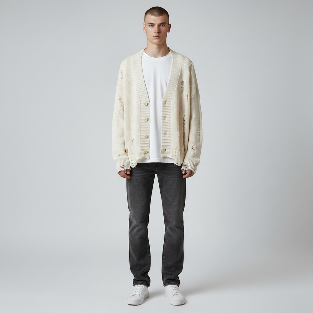 MNML Men Cream Distressed Cardigan Heavy Knit Shredded Oversized Sweater Large